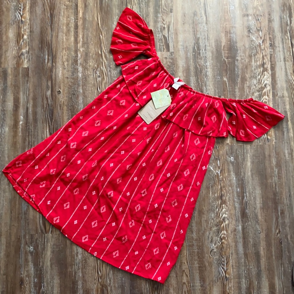 Salty Lemon Off the Shoulder Red Patterned Short Sleeve Mini Beachy Dress